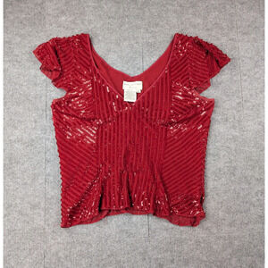 Papell Boutique Sequin Blouse Womens Large Silk Babydoll Y2K Fairy 90s Glam Red
